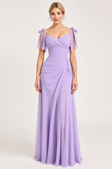 Lilac A Line Long Chiffon Bridesmaid Dress with Slit